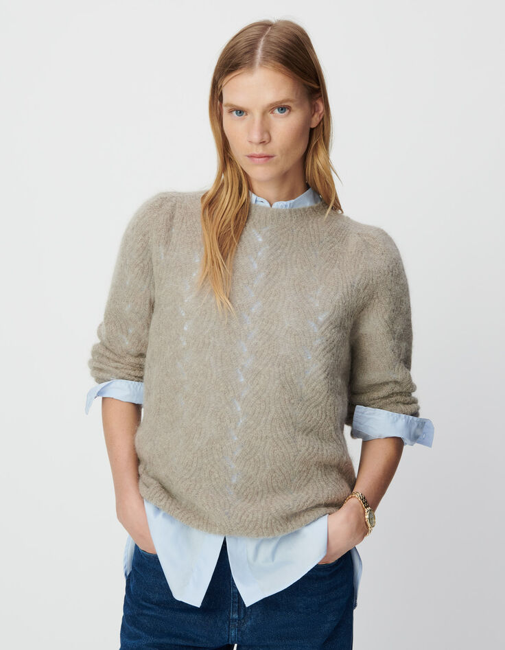 Beiger Damenstrickpulli Mohair-Mix, Zopfmuster-2