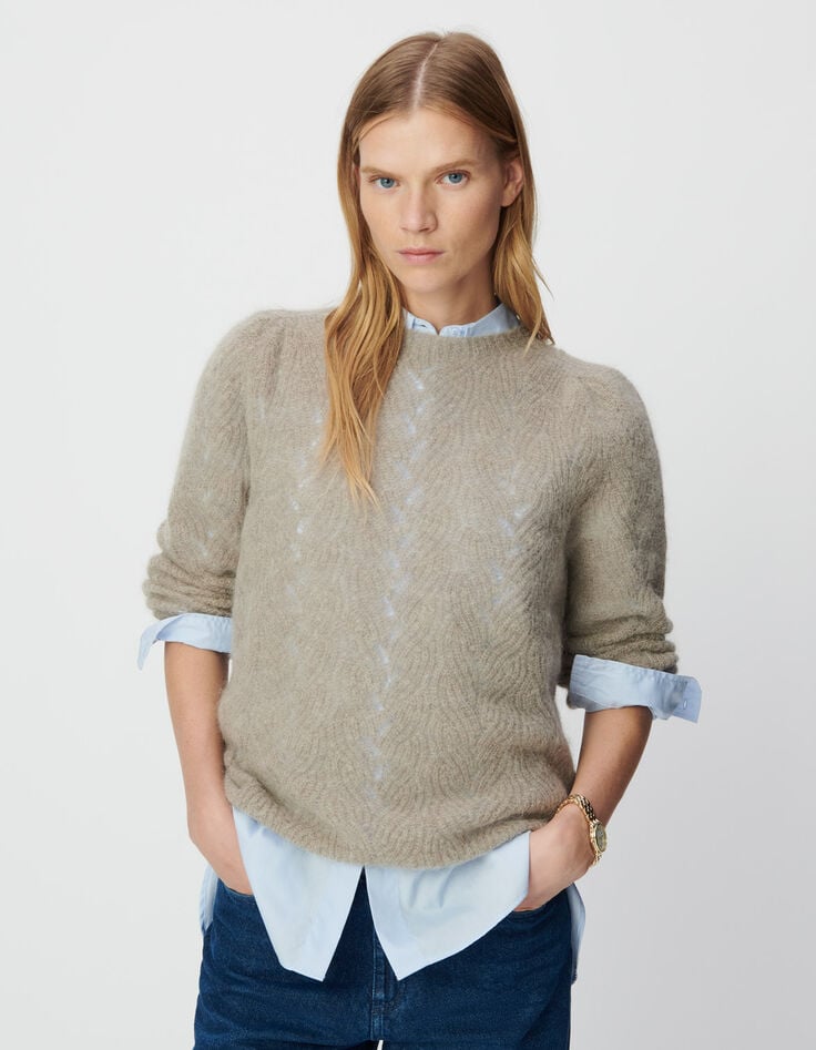 Beiger Damenstrickpulli Mohair-Mix, Zopfmuster-2 Beiger Damenstrickpulli Mohair-Mix, Zopfmuster-2