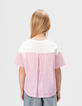 Girls’ white short-sleeved T-shirt with pink stripes-2