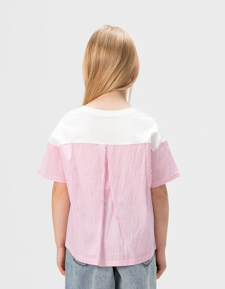 Girls’ white short-sleeved T-shirt with pink stripes-2
