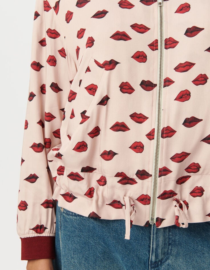 Blouson bomber rose satiné imprimé bouches Femme-4