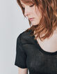 Pull noir métalisé manches courtes maille ajourée femme-3