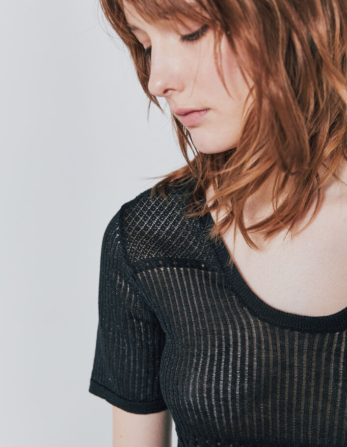 Women’s metallic black openwork knit short-sleeve sweater - IKKS