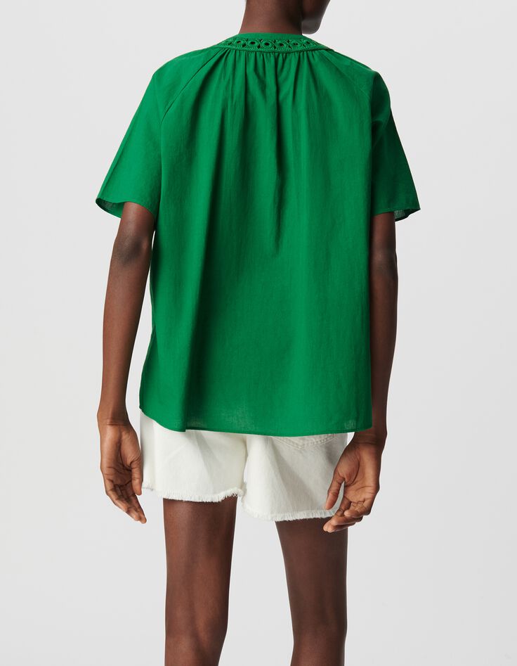 Top ample verte coton bio encolure brod&eacute;e Femme-3