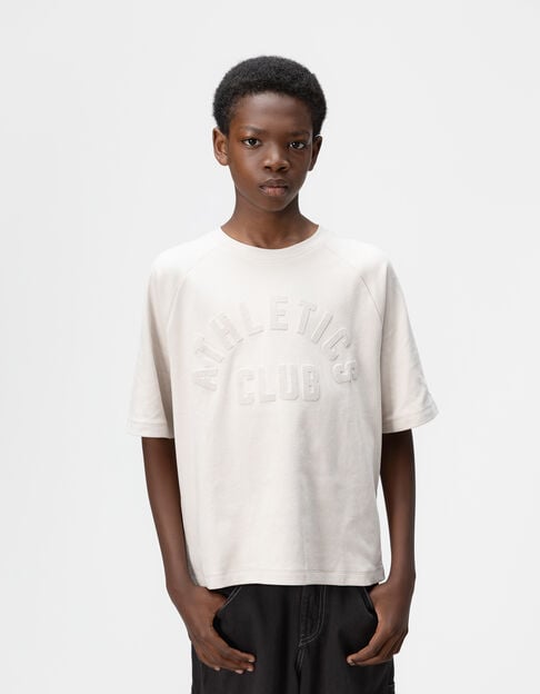 Girls’ beige organic cotton T-shirt, flocked velvet slogan - IKKS