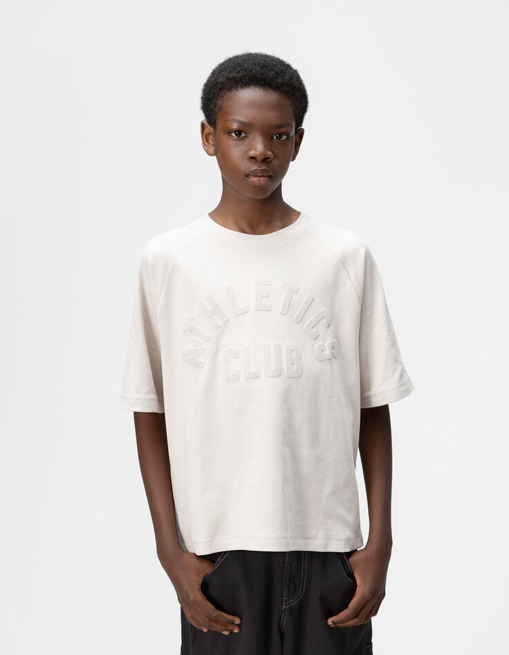 Girls’ beige organic cotton T-shirt, flocked velvet slogan-1