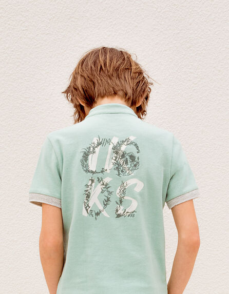 Boys’ aqua organic polo shirt embroidered on back