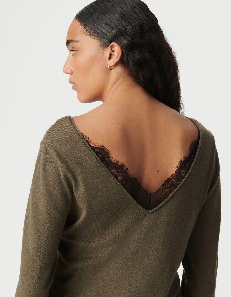 Khaki Damenpulli mit Ausschnitt vorne und Spitze im Rücken-4