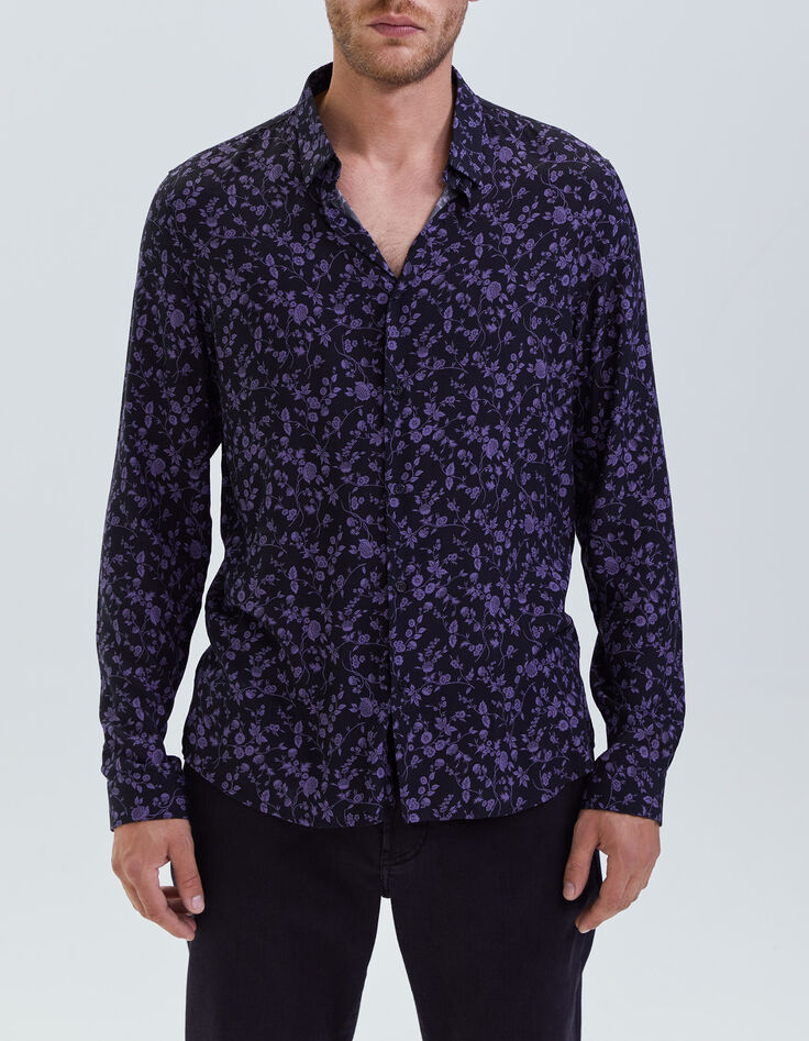 Men’s black LENZING™ ECOVERO™ SLIM shirt with dark purple flower motif-1