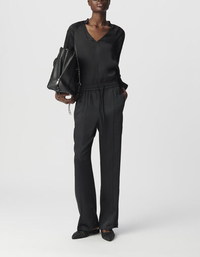 Pantalon large noir polyester recycl&eacute; taille &eacute;lastiqu&eacute;e Femme - IKKS