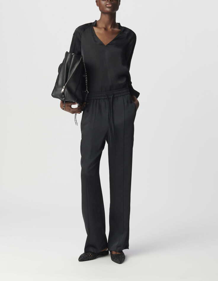Pantalon large noir polyester recycl&eacute; taille &eacute;lastiqu&eacute;e Femme-1