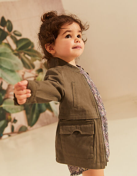 Baby girls' khaki braid-embroidered back safari jacket