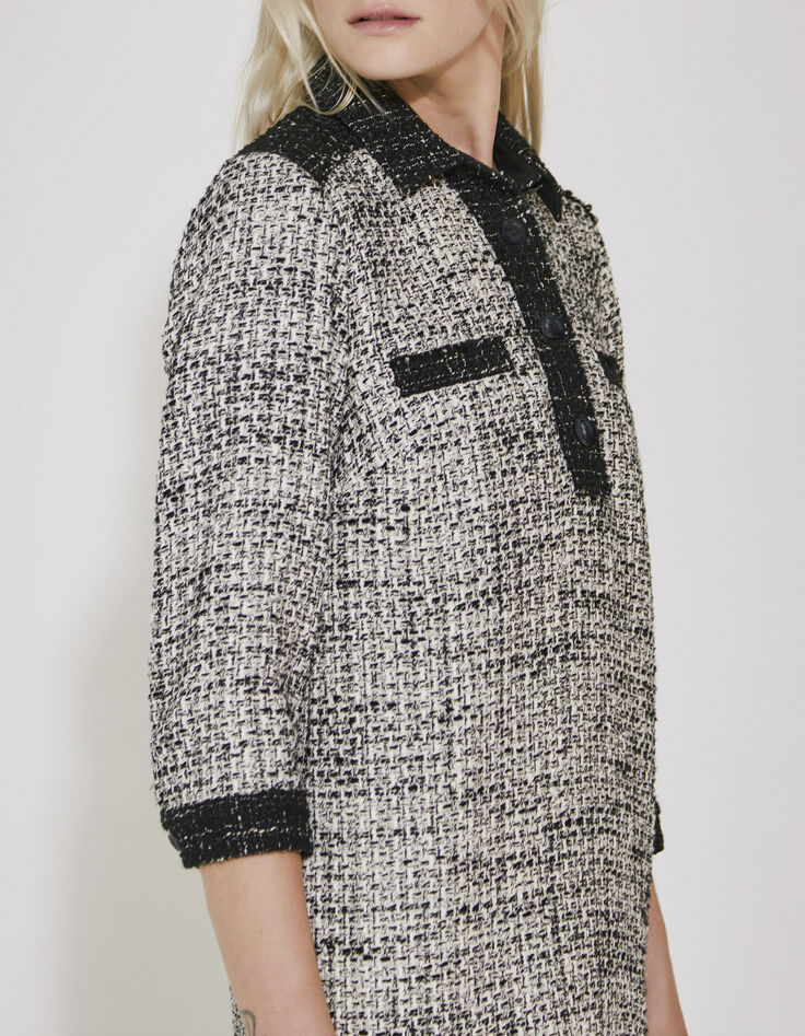 Vestido camisero tweed flecos blanco y negro mujer-4
