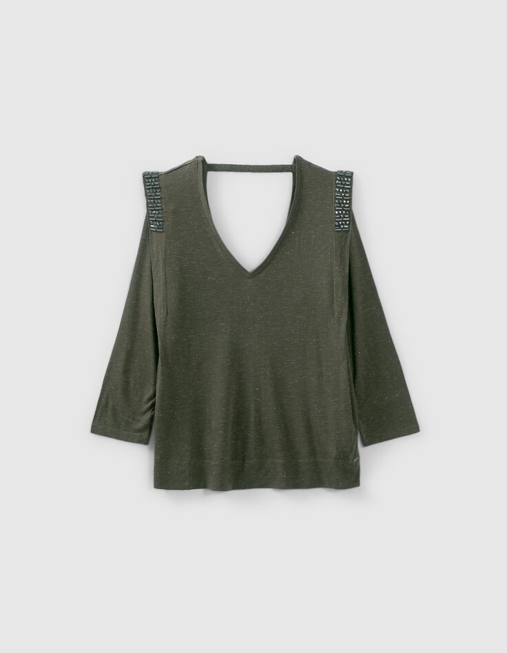 Dames-T-shirt met V-hals en strassteentjes in kaki viscose-5