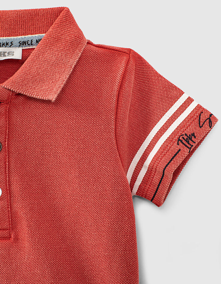 Baby boys’ orange organic cotton polo shirt+print on back-4