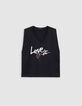 Black V-neck T-shirt with heart slogan-5