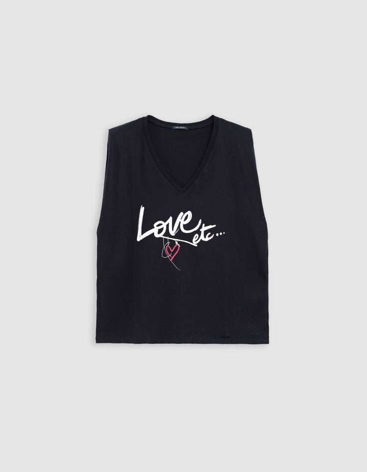 Black V-neck T-shirt with heart slogan-5