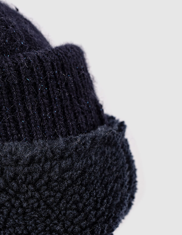 Bonnet navy foncé tricot à revers esprit couronne fille-4 Bonnet navy foncé tricot à revers esprit couronne fille-4