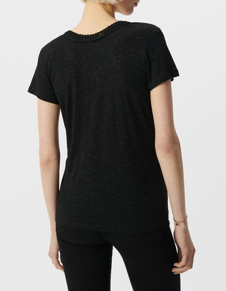 Tee-shirt noir lurex r&eacute;versible tressage encolure V Femme-3