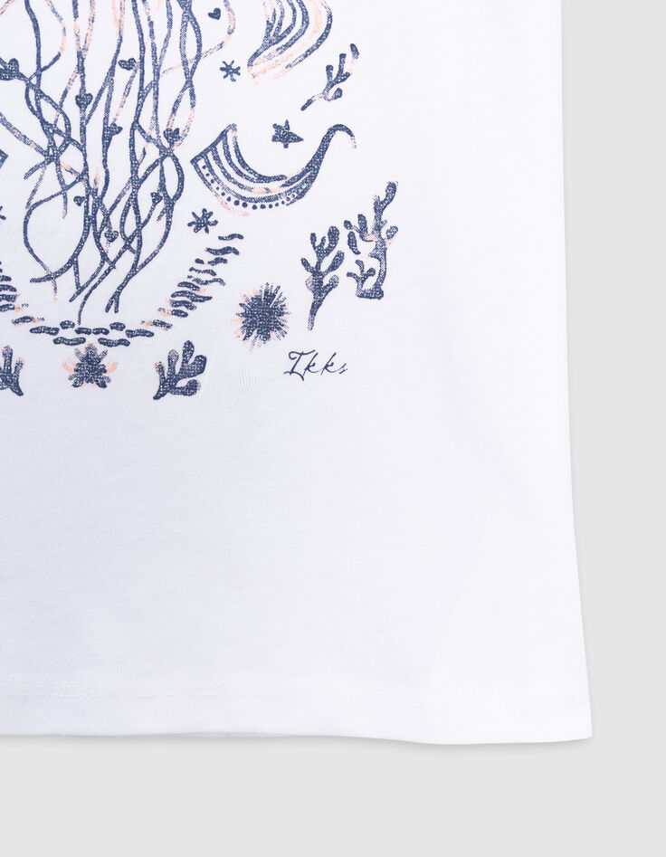 Camiseta blanca algodón diseño acuático purpurina niña-4