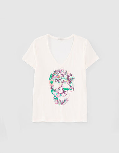 Weißes Damen-T-Shirt mit Totenkopf- und Blumenprint - IKKS