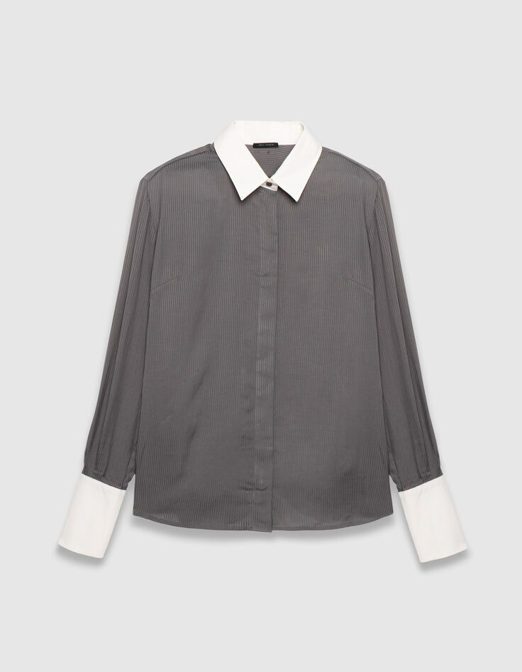 Damen-Hemd, grau, gestreift, weißer Kragen Manschetten-6