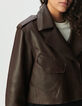 Blouson marron cuir forme trench court Femme-5