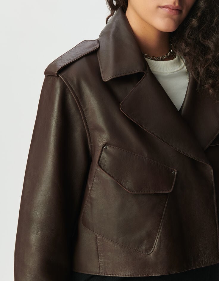 Blouson marron cuir forme trench court Femme-5 Blouson marron cuir forme trench court Femme-5
