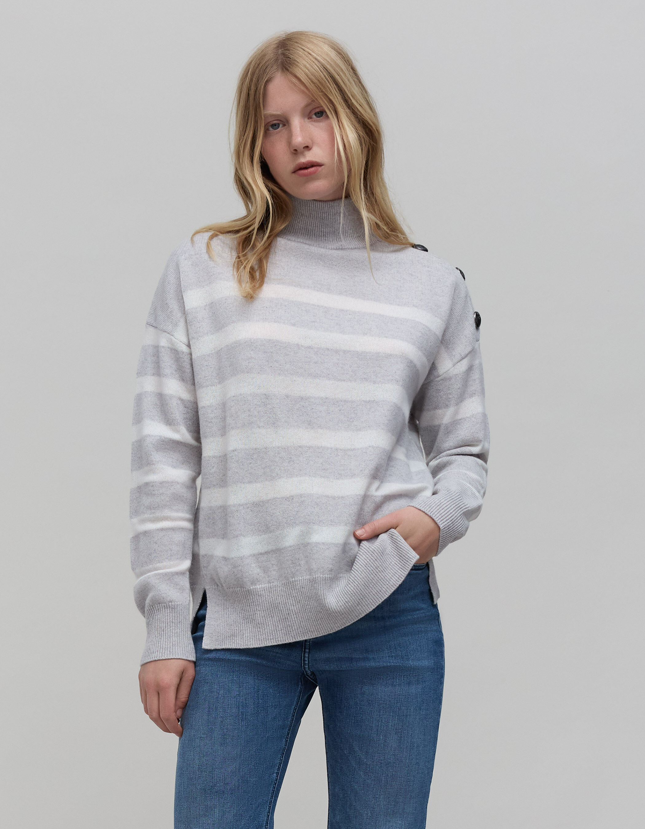 Pull gris tricot rayures ecrues Femme IKKS
