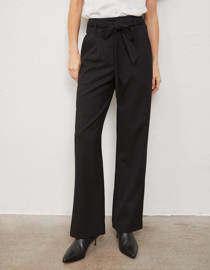 Schwarze, weite Metallic-Damenhose mit abnehmbarem Gürtel-1 Schwarze, weite Metallic-Damenhose mit abnehmbarem Gürtel-1