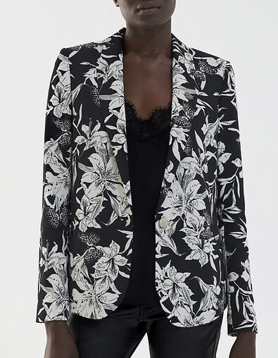 Veste tailleur en crêpe imprimé floral noir et blanc femme - IKKS