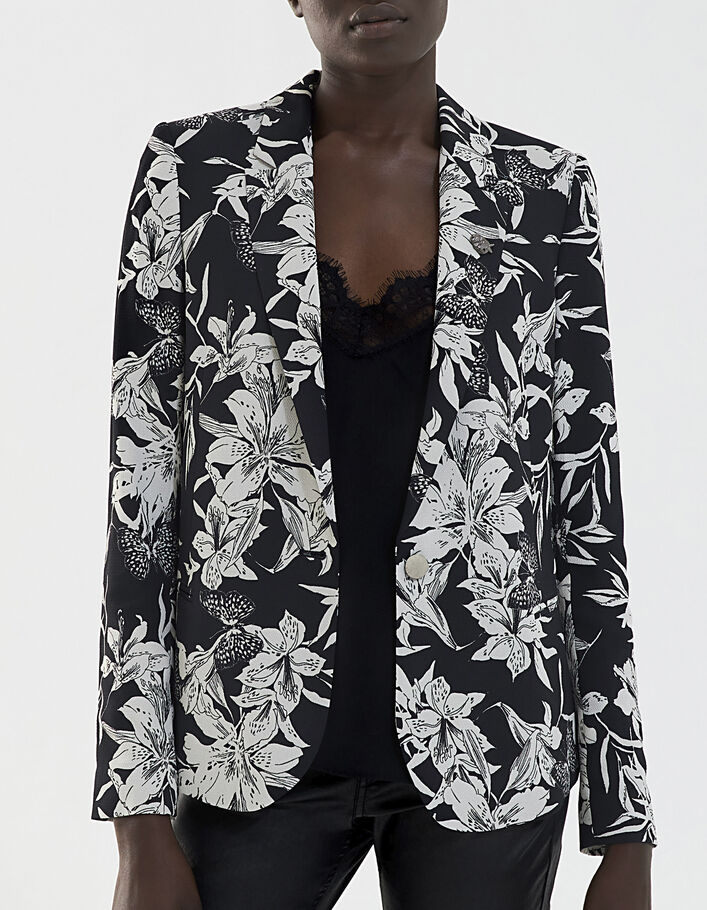 Veste tailleur en crêpe imprimé floral noir et blanc femme-1