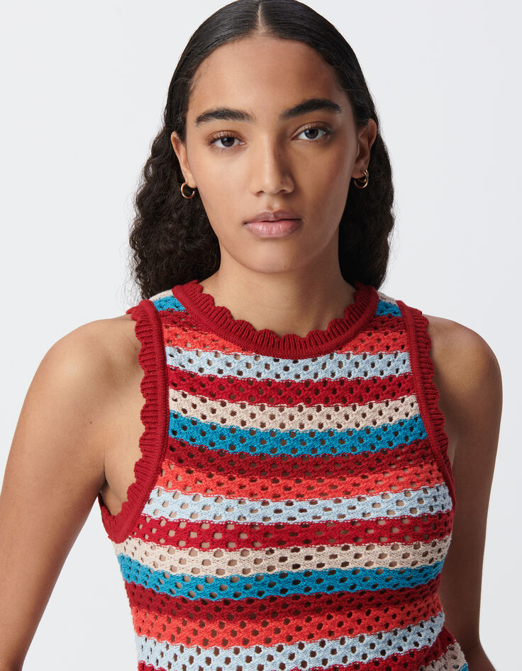 Top rouge tricot ajouré motif rayures Femme-5