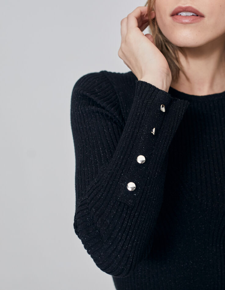 Women’s black fine knit sweater with buttoned cuffs-5