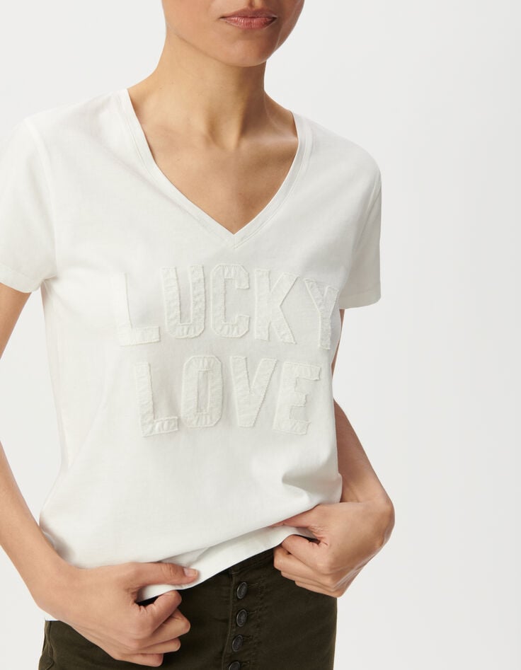 Weißes Damen-T-Shirt Biowolle Schriftzug Stick-Buchstaben-4