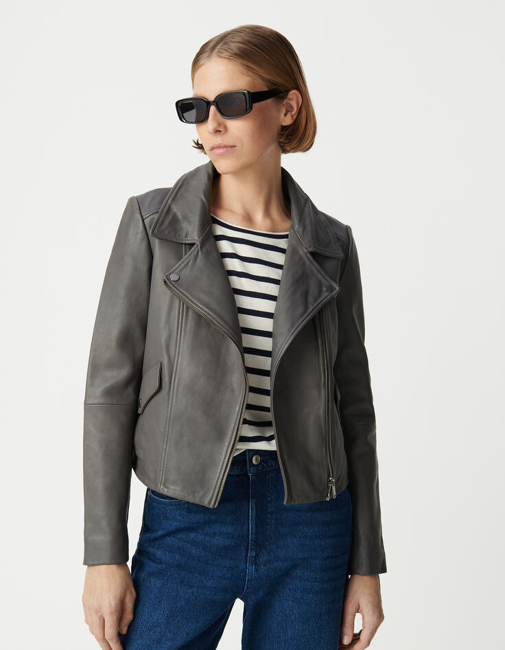 Graue Lederjacke, Bikerstil, Verzierungen-2 Graue Lederjacke, Bikerstil, Verzierungen-2