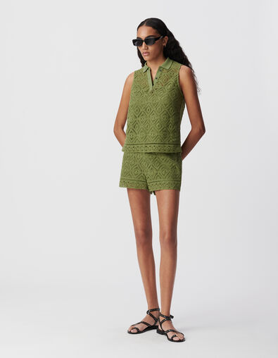 Top col polo vert coton bio dentelle crochet Femme - IKKS
