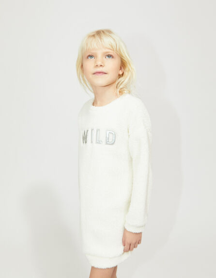 Girls’ ecru plush-style sweatshirt dress with letters