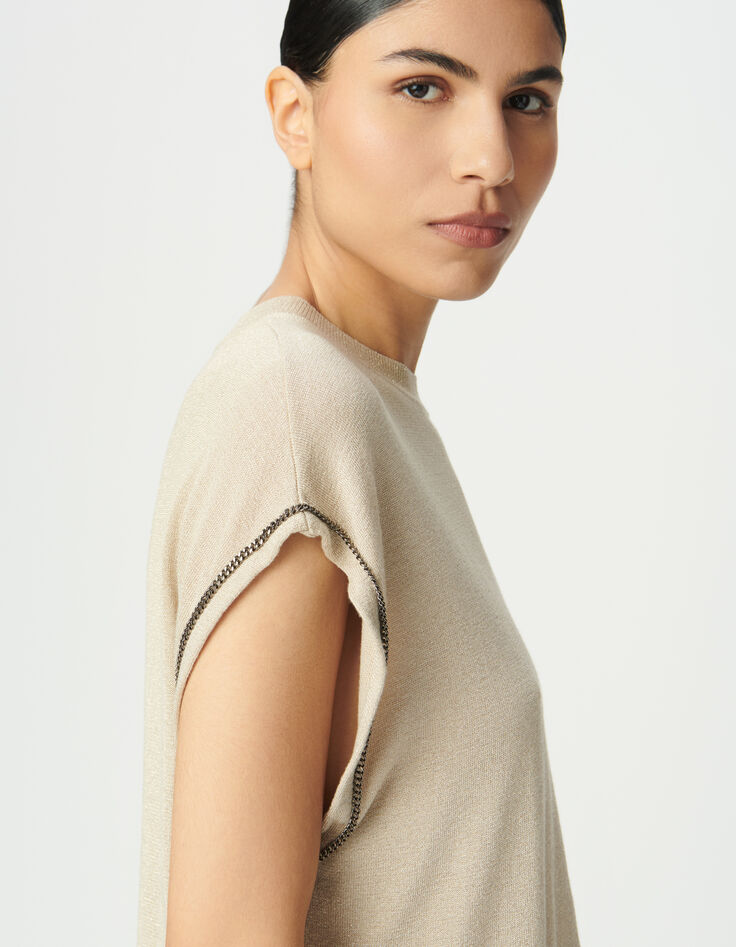 Pull beige tricot fin lurex décor chaînettes Femme-4 Pull beige tricot fin lurex décor chaînettes Femme-4