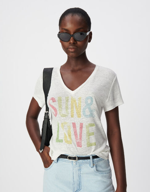 Dames-T-shirt met witte V-hals en gekleurde boodschap - IKKS