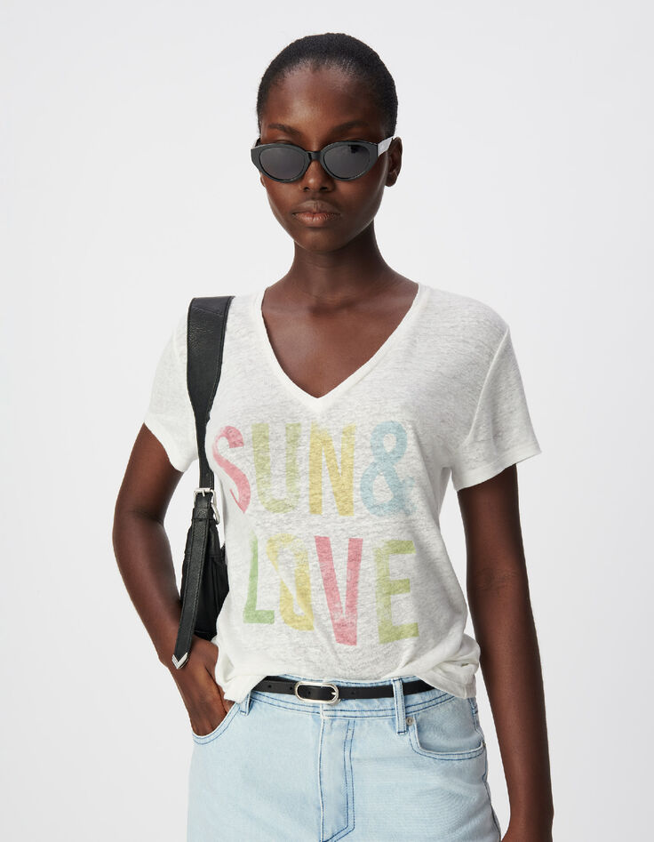 Dames-T-shirt met witte V-hals en gekleurde boodschap-2