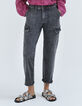 Jean gris battle cropped avec poches &agrave; rabat femme-2