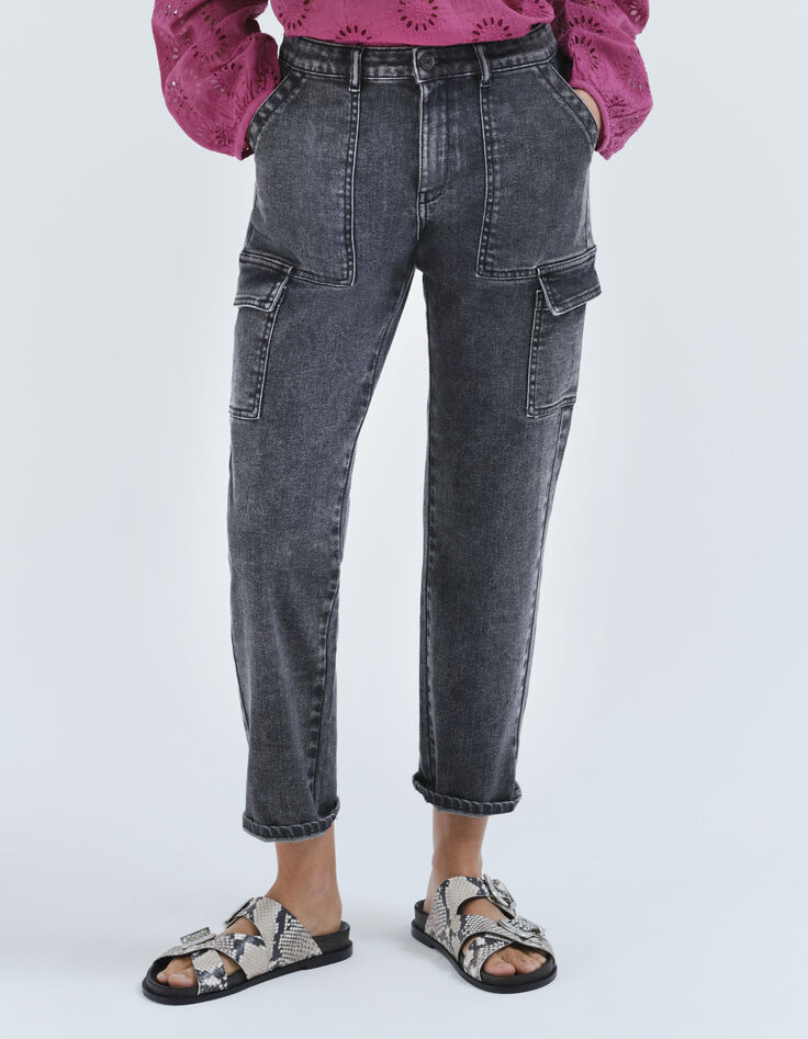 Jean gris battle cropped avec poches &agrave; rabat femme-2