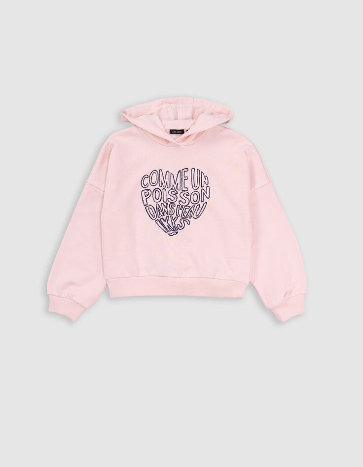 Sweat à capuche rose message brodé forme coeur fille-4