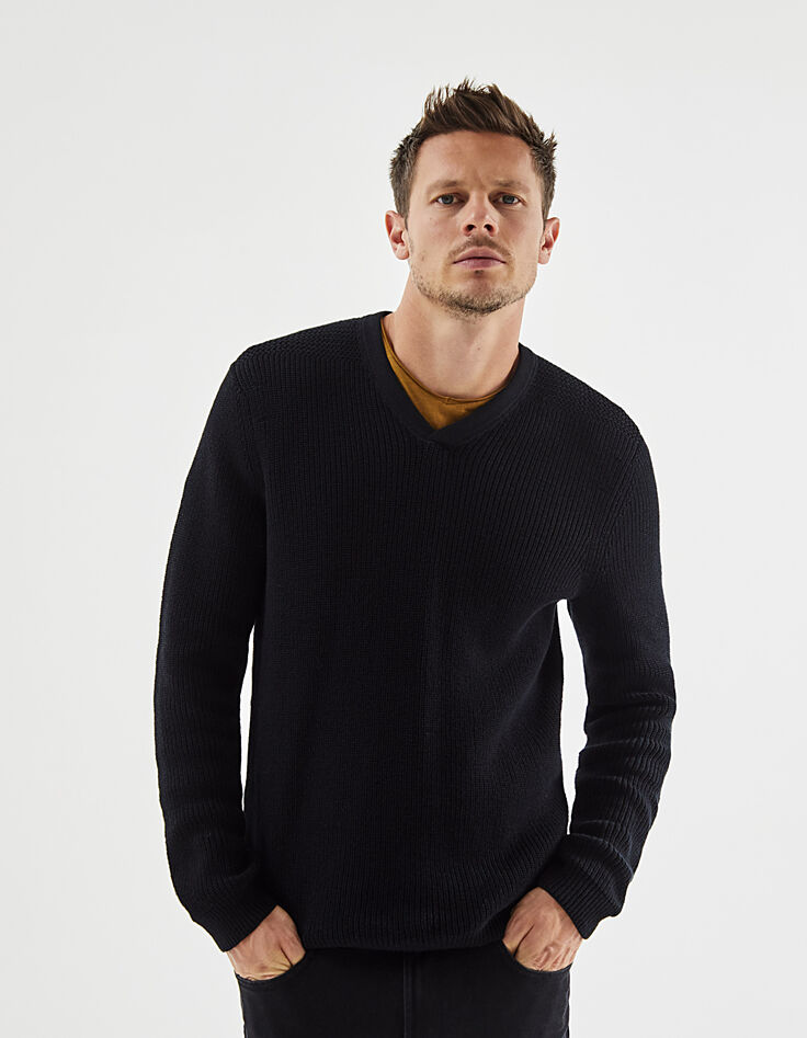 Men's black knit V-neck sweater-1