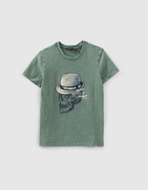 T-shirt vert squelette brodée à chapeau garçon