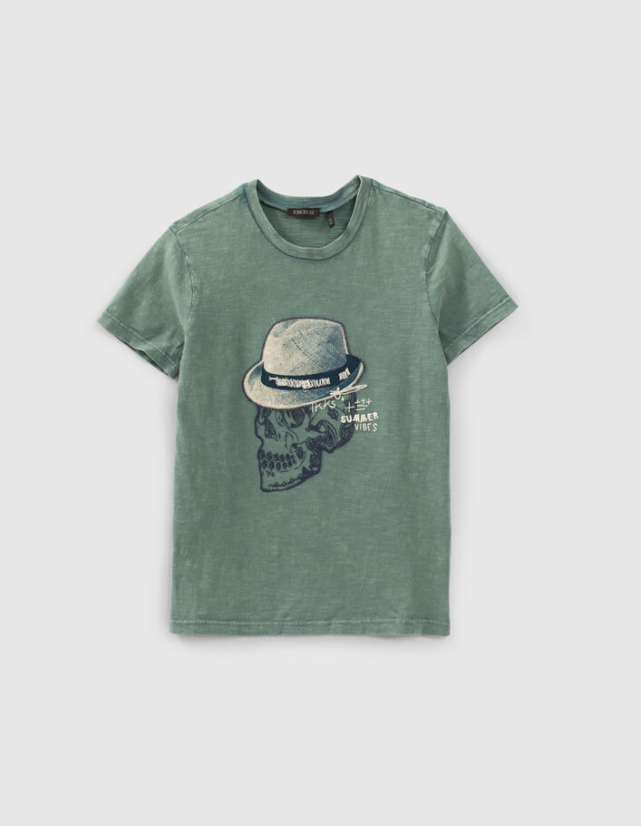 Boys’ green T-shirt with embroidered skull with hat - IKKS
