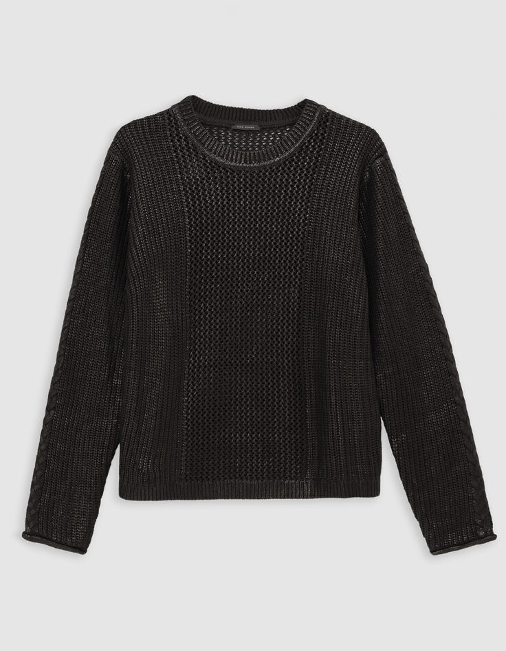Women's black openwork knit sweater-6