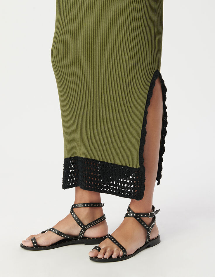 Robe tube longue kaki tricot côtelé Femme-4