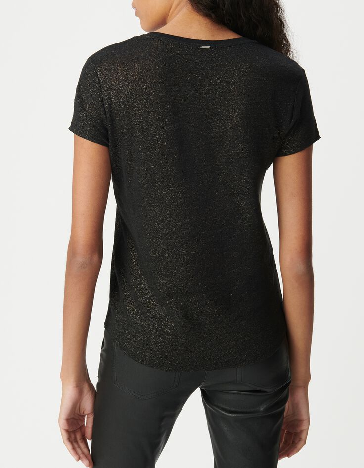 Zwart T-shirt V-hals linnen foil dames-3